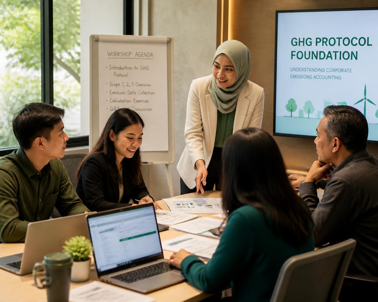 Facilitator guiding a small corporate team through a GHG data workshop