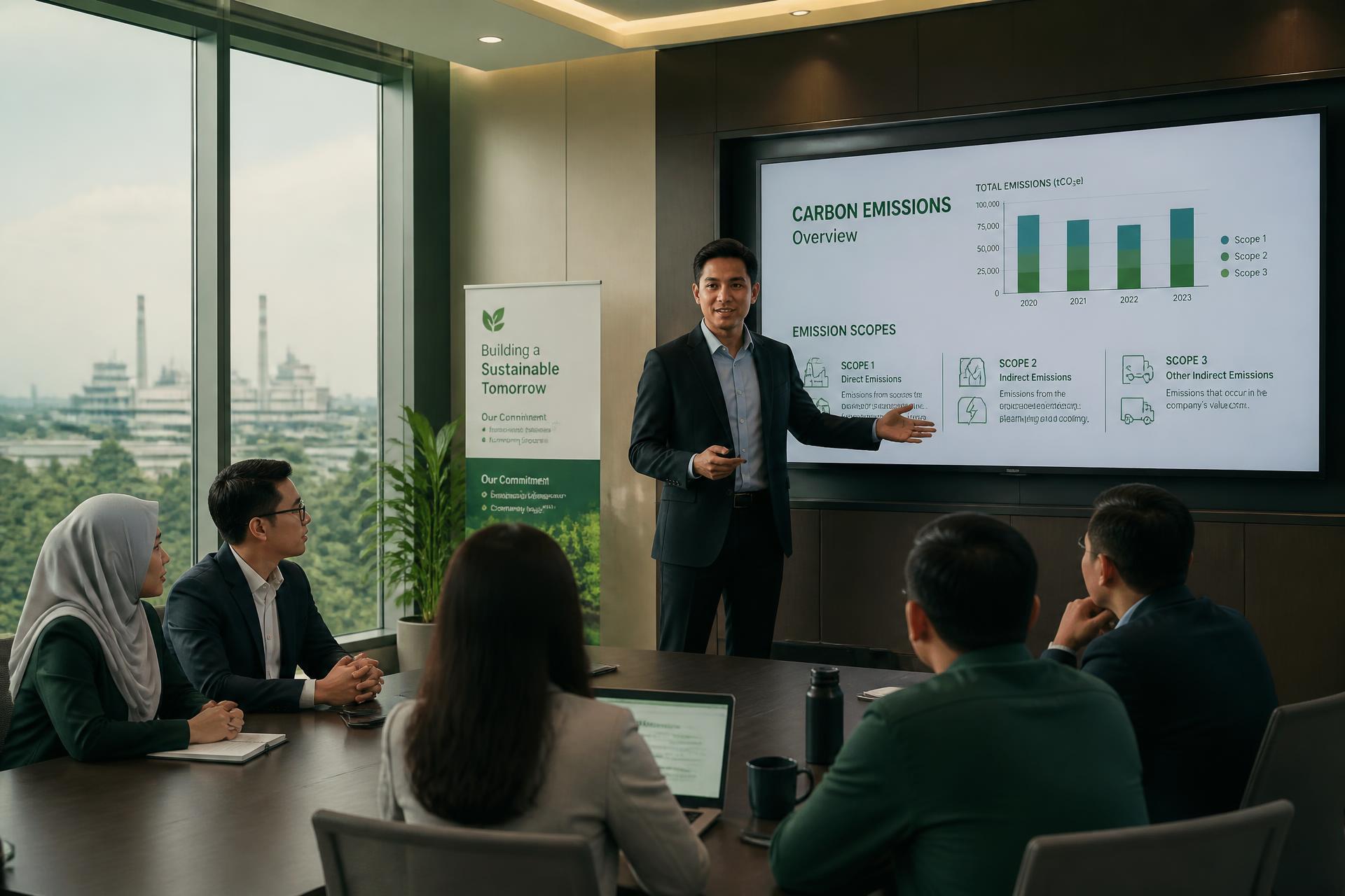 Corporate sustainability trainer presenting greenhouse gas and carbon footprint concepts to a team of professionals
